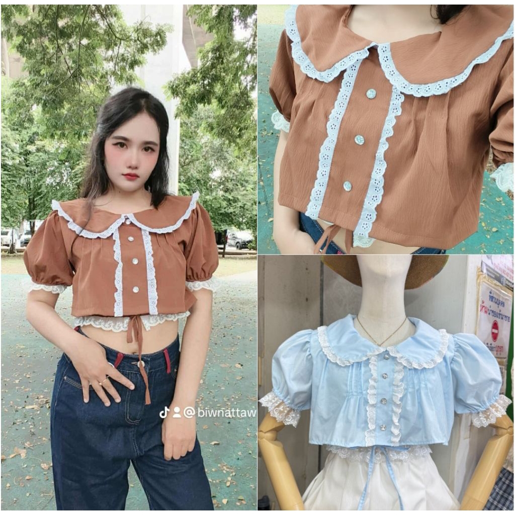 เสื้อคอปกงานแขนตุ๊กตาแต่งลูกไม้ระบายคอ น่ารัก  ✨