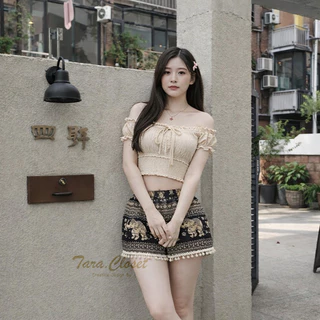 COM027 TARA Pants กางเกงช้าง ขาสั้น แต่งพู่กระดิ่งที่ปลายขา เอวยางยืด ผ้าไหมอิตาลี ไม่ขาดง่าย ใส่สบาย ลายช้างไม่กลับหัว