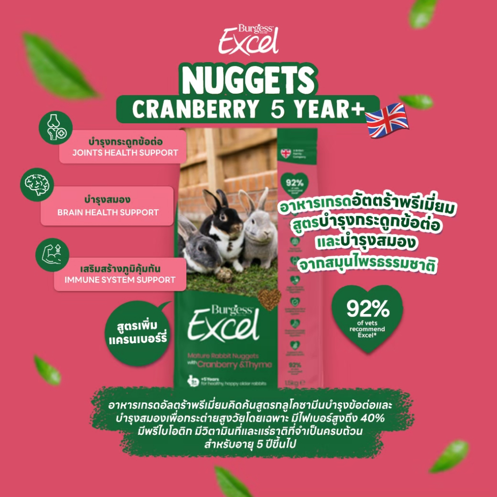 อาหารกระต่ายสูงวัย 5 ปีขึ้นไป 🇬🇧 Burgess Excel Mature Rabbit Nuggets 1.5 kg