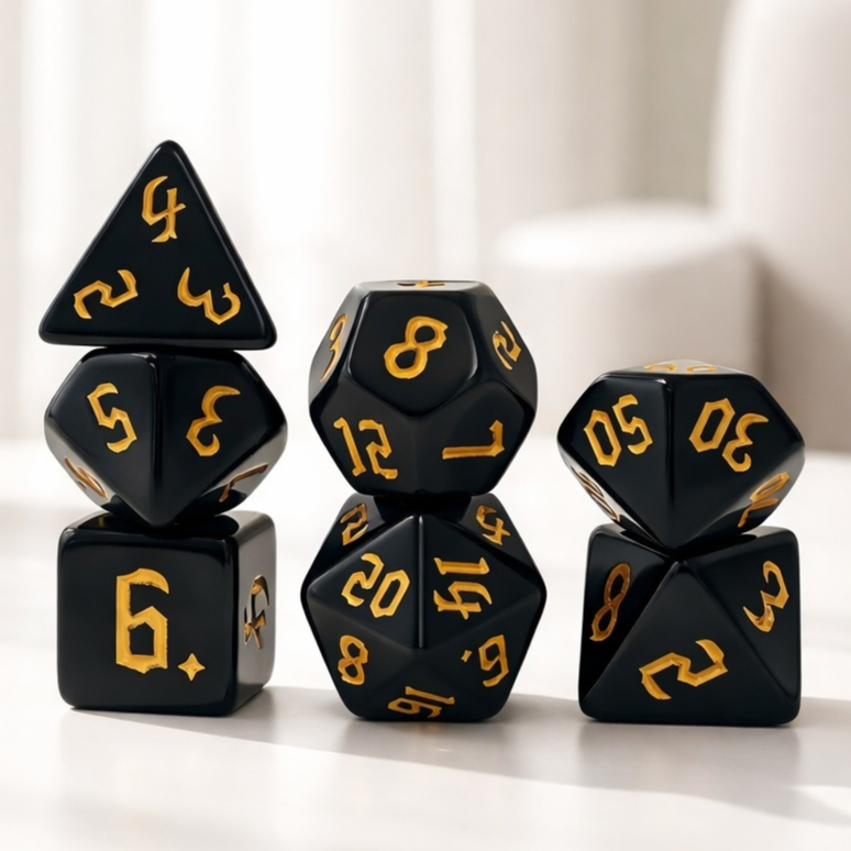 🎲Black Yellow Font🎲 Dice Set of 7 | ลูกเต๋า Dice For DnD D&D MTG RPG TRPG เกมกระดาน บอร์ดเกม Game ไพ่ทาโรต์ Magic เมจิก