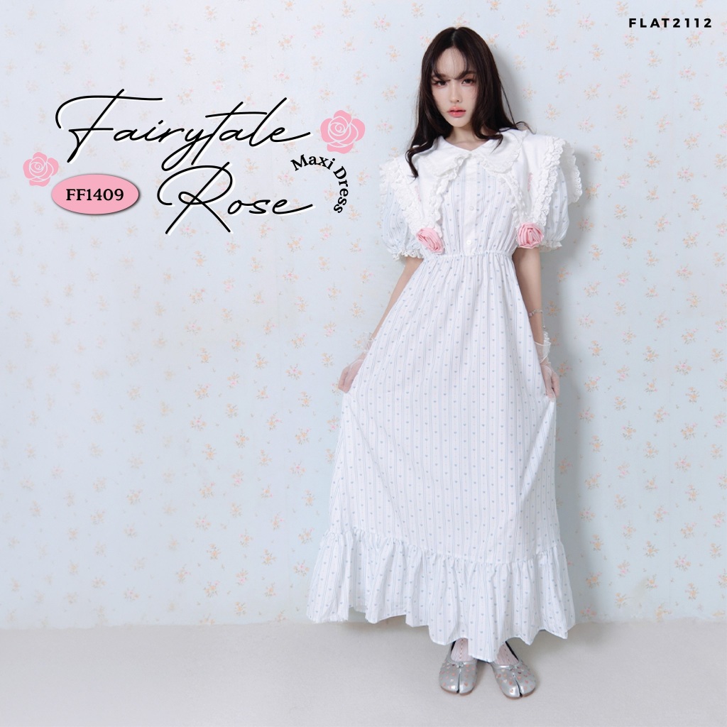 FLAT2112 : FAIRYTALE ROSE MAXI DRESS  เดรสยาวลูกคุณหนู เดรสออกงานหวาน เดรสผู้ดีอังกฤษ เดรสแต่งดอกกุหลาบ (FF1409)
