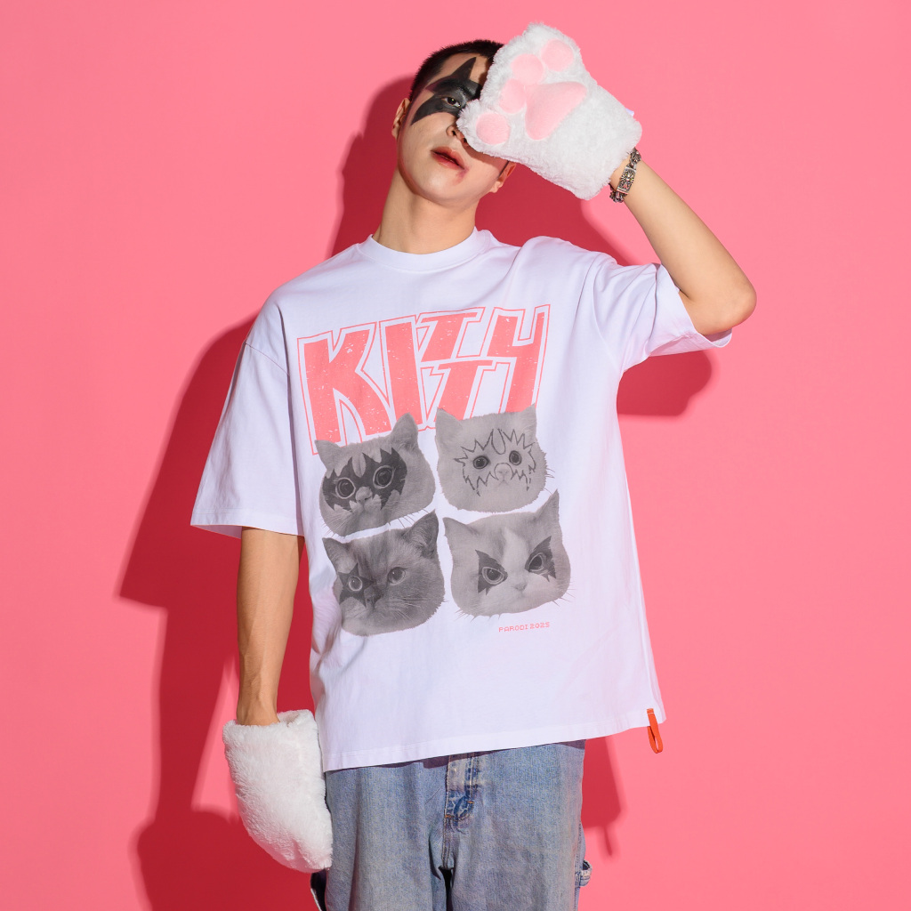 kitty kiss เสื้อล้อเลียนวงร๊อค ลายแมว สไตล์วินเทจ สกรีน dtg เรียบไปกับเนื้อผ้า