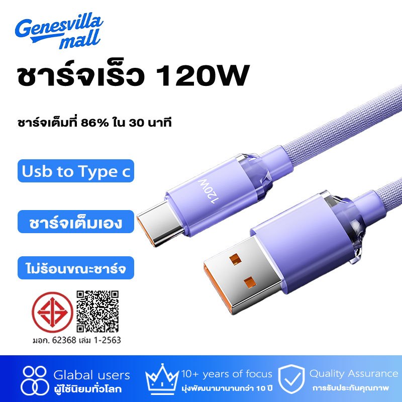 GenesVilla 120W 6a Type C สายชาร์จเร็วมาก 1 ม. / 1.5 ม. / 2 ม. สายไนล่อนถัก ชาร์จเร็ว สายข้อมูล USB C