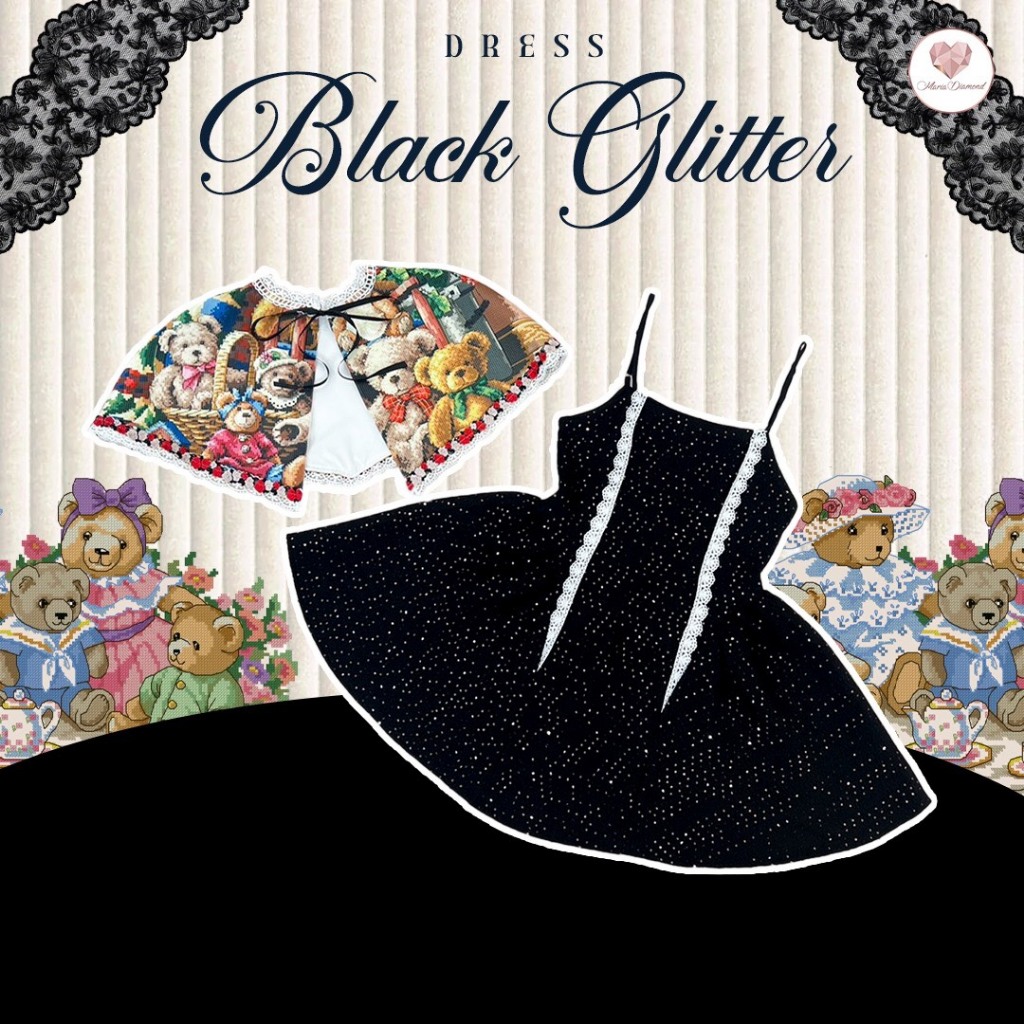 (มี3XL) สีดำ Black Glitter Dress เดรสสั้นผ้าทอแต่งกลิตเตอร์ สายปรับระดับได้ซิปหลังมีซับใน + ผ้าคลุม cape พิมพ์ลาย