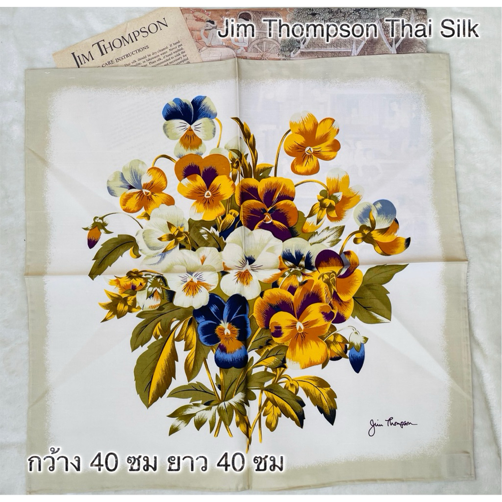 ผ้าเช็ดหน้าผ้าไหม จิมทอมป์สัน Jim Thompson Thai Silk 100%, Vintage Handkerchief, Floral Scarf Square