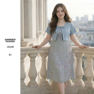 Annnew เดรสผ้าไหมอิตาลี่ลายดอกไม้เเต่งกั๊กผ้ายืดมูลเวฟ 3004R