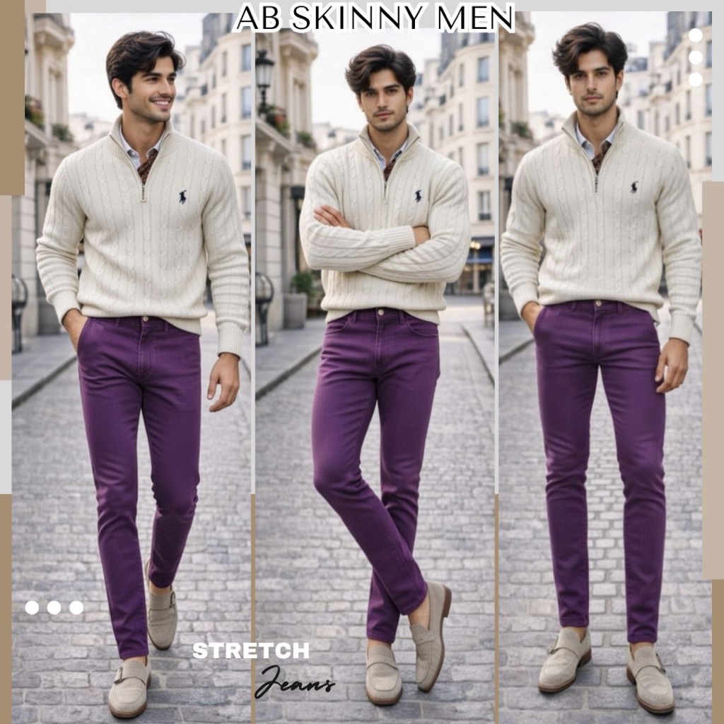 AB Skinny สีม่วงฟอก กางเกงสกินนี่ยีนส์ ของแท้ กางเกง AB สกินนี่ยีนส์ ผู้ชาย 10 สี