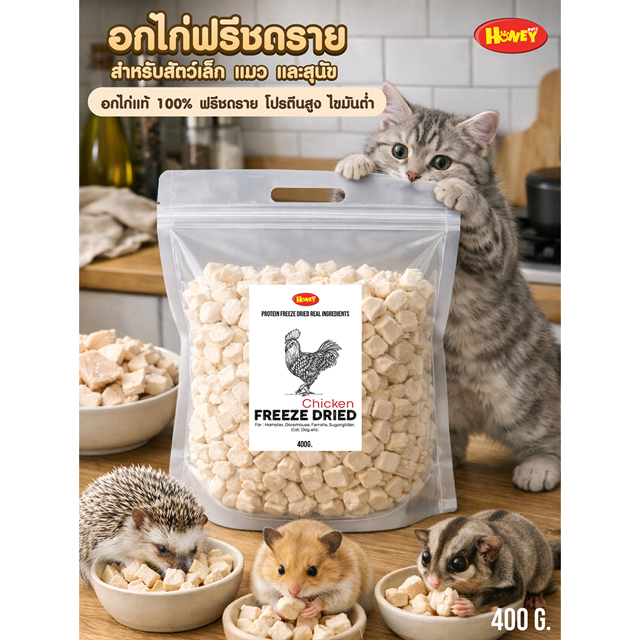 Honeypetz อกไก่อบแห้งฟรีซดราย 100% ขนมสัตว์เล็ก โปรตีนสูง กินเก่ง
