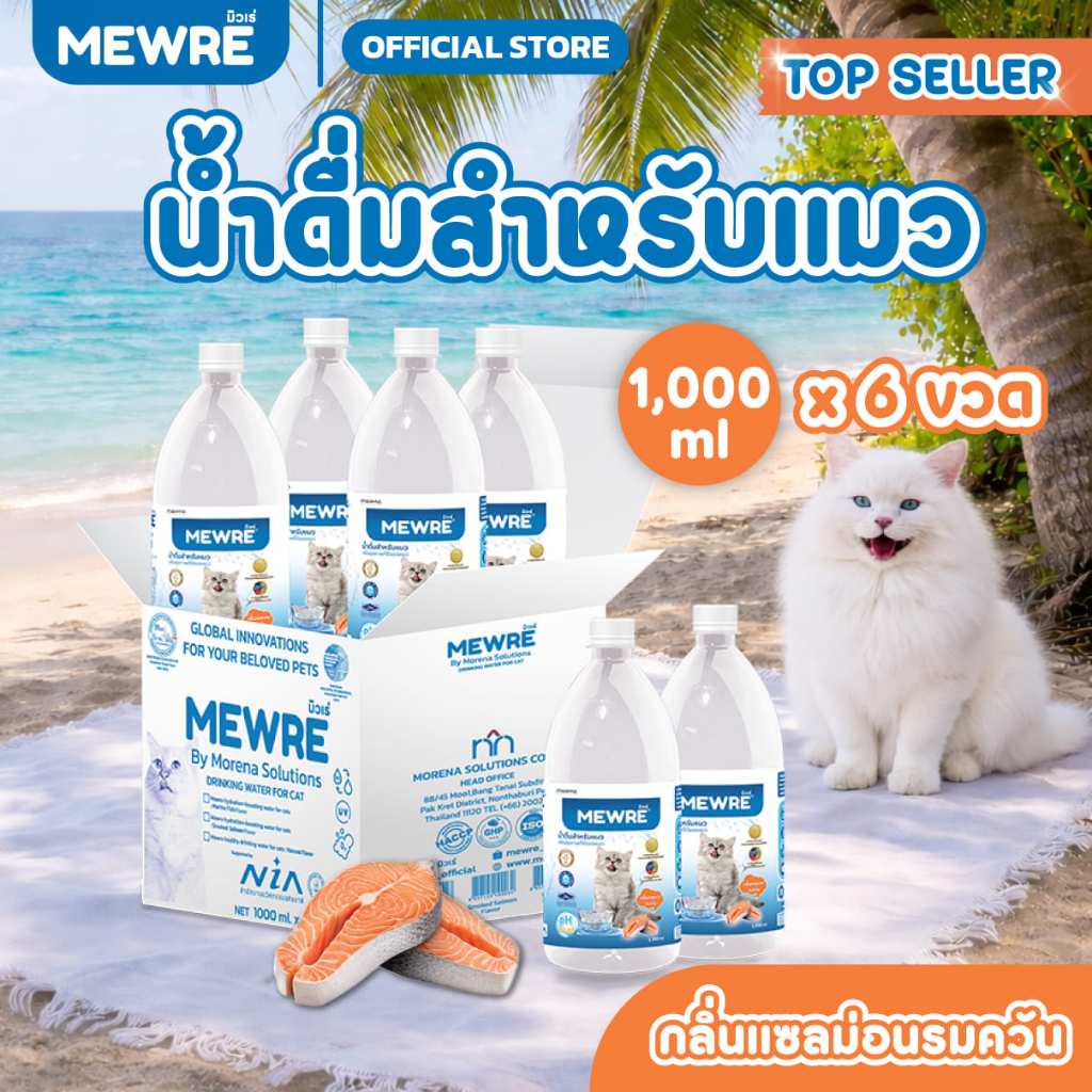 Mewre มิวเร่ Top Seller น้ำดื่มสำหรับแมว 6 ขวดกลิ่นแซลม่อนรมควัน ขนาด 1000ml. (S1000x 6)