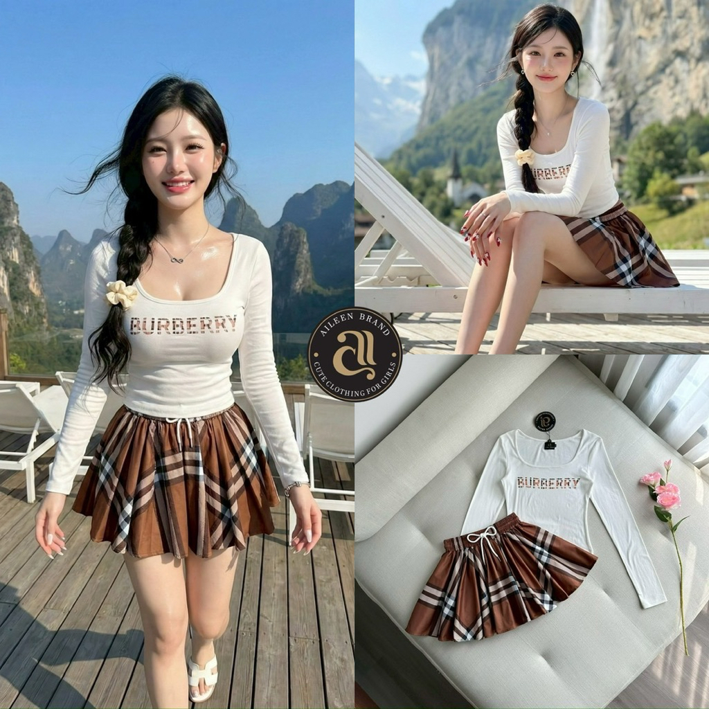 AILEEN (เช็คก่อนสั่ง)Set.2 ชิ้น เสื้อแขนยาวคอเหลี่ยม+กระโปรงลายสก็อตน่ารักมาก(XS SML)