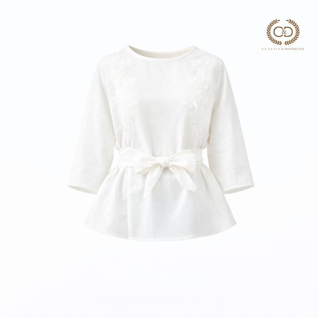C&D เสื้อเบลาส์ เนื้อผ้าลินิน สีขาว CQ3LWH