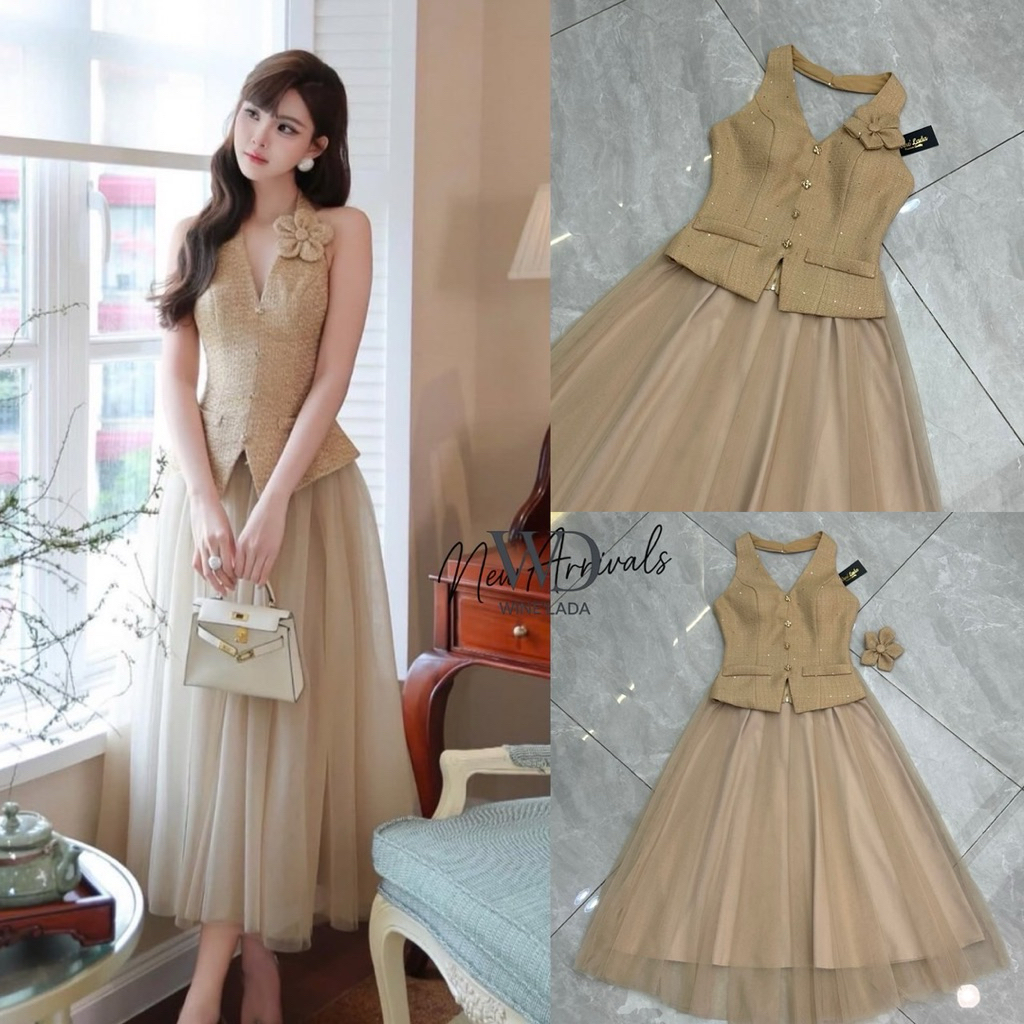 Set 3 Pcs. เช็ทเสื้อคล้องคอซิปหลังบวกกระโปรงพร้อมเข็มขัด