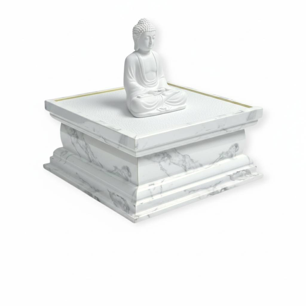 ฐานพระสีขาวสไตล์มินิมอล ฐานพระลายหินอ่อน พื้น PVC สีขาว ฐานสูง 2.2 นิ้ว