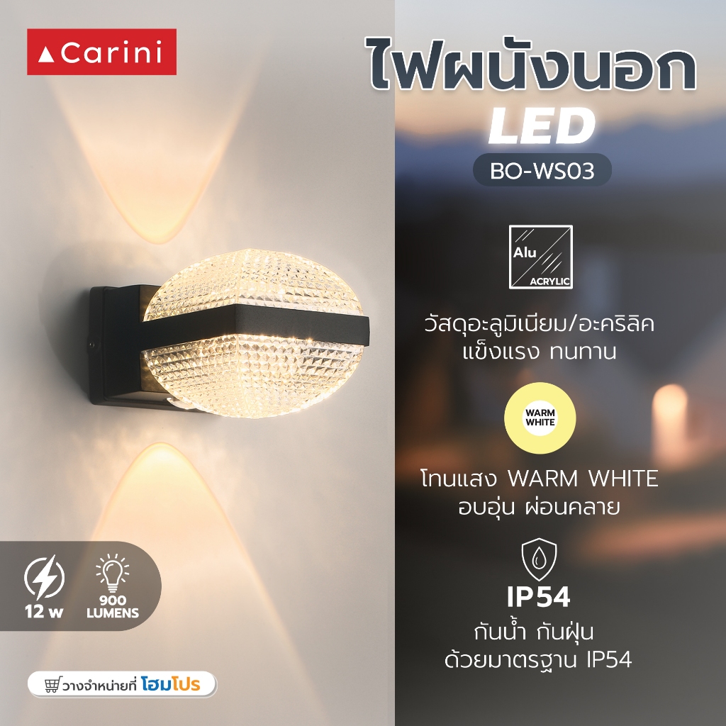 CARINI ไฟผนังภายนอก LED  BO-WS03 12 วัตต์ WARM WHITE สีดำ จัดส่งโดย HomePro