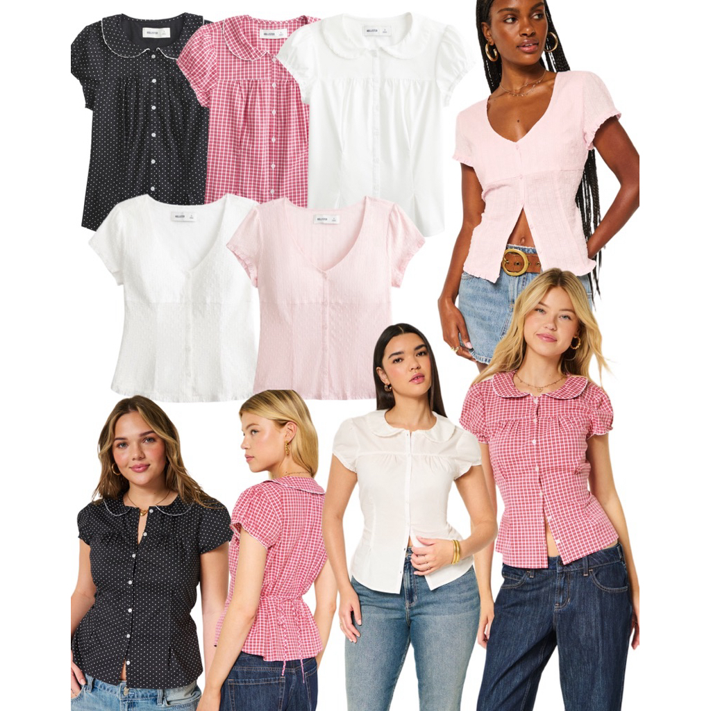 (ของแท้💯) Hollister stretch poplin textured short sleeve shirt เสื้อแขนสั้นกระดุมหน้า คอวี/คอปกบัว