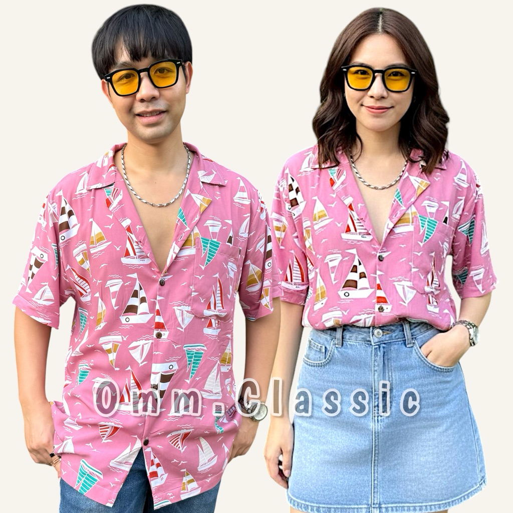 เสื้อฮาวายผ้านิ่ม(เรยอน)ลายเรือชมพู