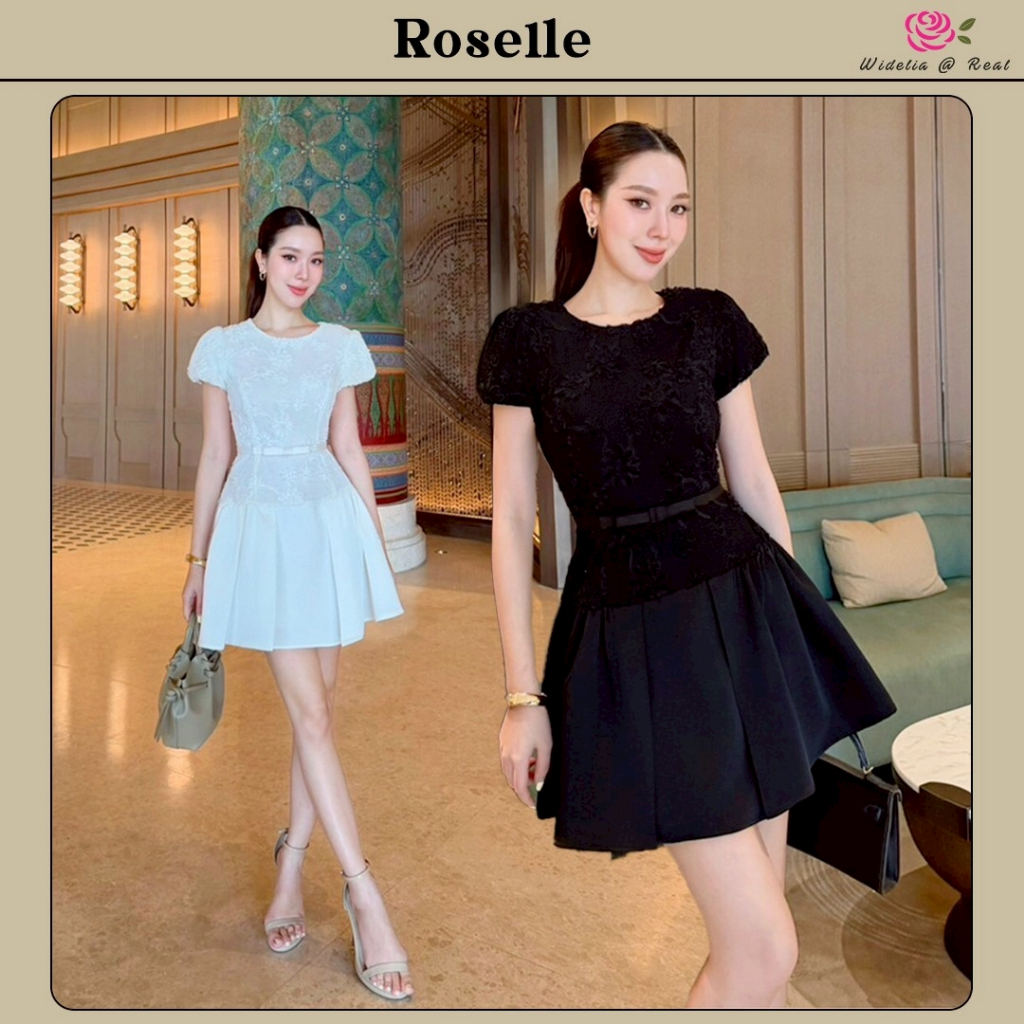 Roselle Dress เดรสสั้น ผ้า Texture ลายดอกไม้ ซิปหลัง มีเข็มขัดโบว์ กระโปรงระบาย แขนตุ๊กตา