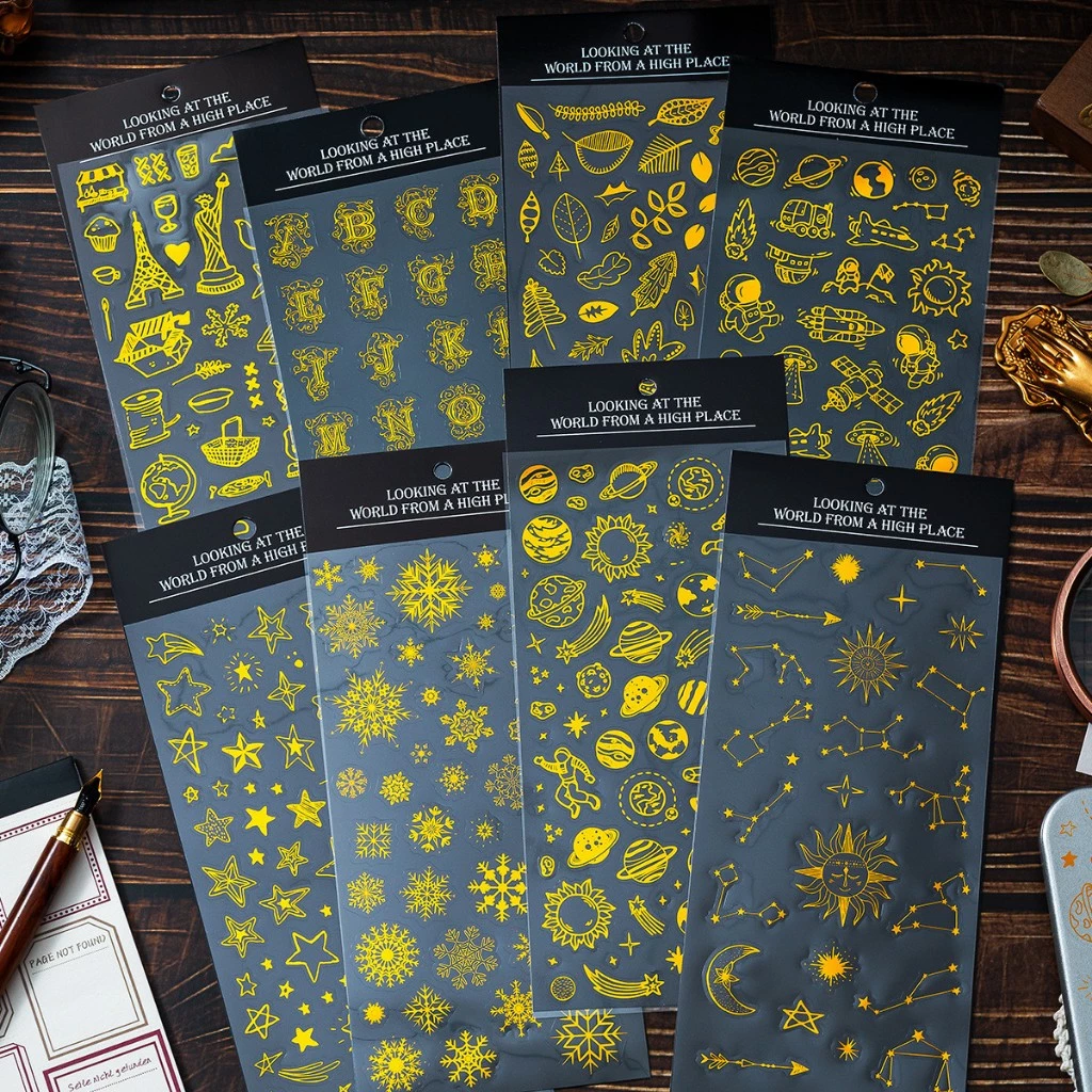 [พร้อมส่ง] สติกเกอร์ DIY สีทอง ลาย ดวงดาว ราศี อวกาศ หิมะ ตัวอักษร ใบไม้ PET Gold Sticker World Space Snowflake Letters
