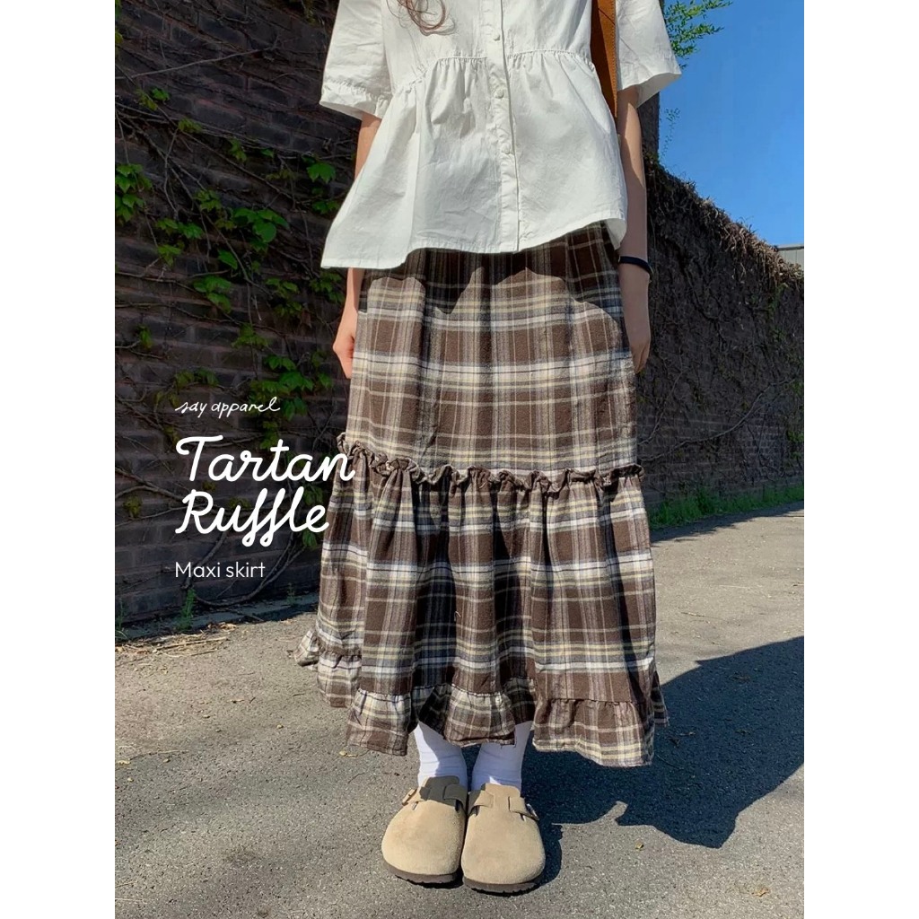 SAY APPAREL: Tartan maxi ruffle skirt กระโปรงลายสกอตแต่งระบาย