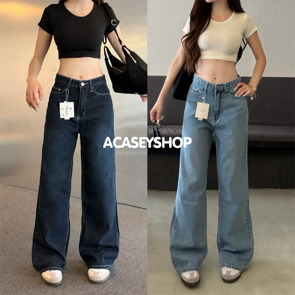 Acasey กางเกงยีนส์ผู้หญิง ขายาว กระบอกใหญ่ ฟอกเนียนละมุน งานเย็บด้ายขาว Mhoo Dang ไซส์ S - 38
