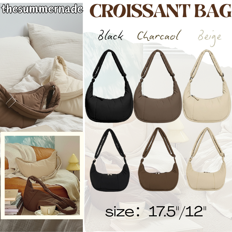 🥐Croissant Bag size 17.5/12 นิ้ว กระเป๋าสะพายข้างไนลอน บุนุ่ม สายสะพายไหล่ปรับได้ cross body puffy bag