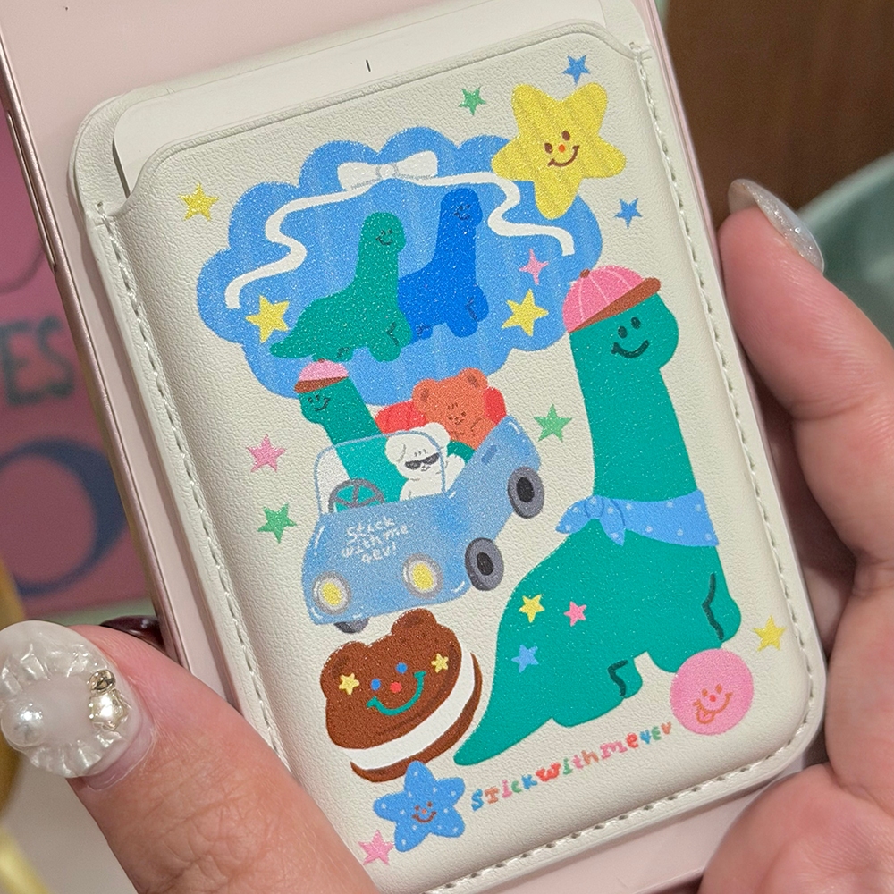 Magnet wallet : Dino White กระเป๋าใส่บัตรแม่เหล็กติดเคส ใช้เป็นขาตั้งได้ น่ารักสุดๆ*ไม่รวมเคส* | Stickwithme4ev