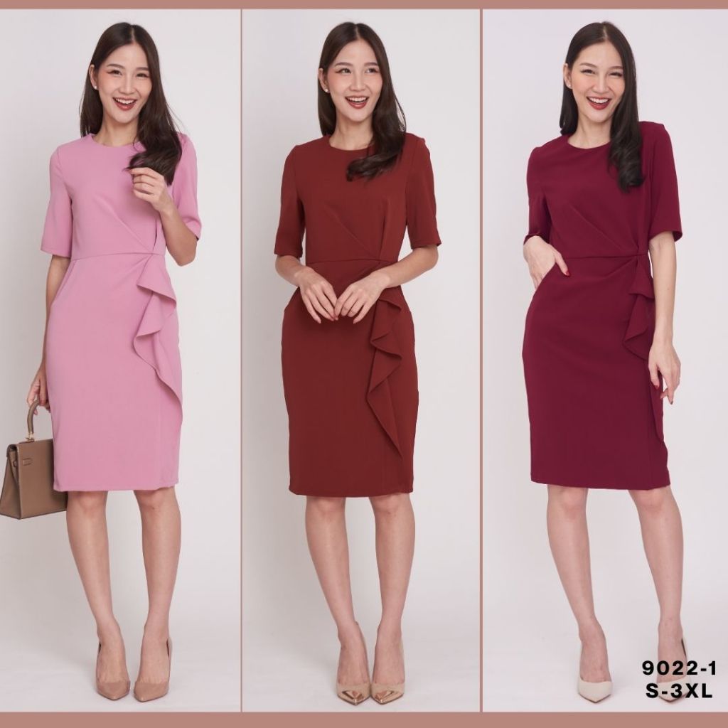 Laboratory เดรส 9022-1 เดรสแขนสมาส่วนทรงสอบแต่งระบายข้าง สีพื้น