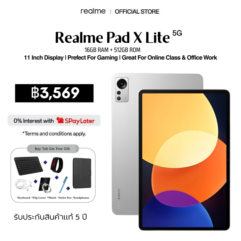 Realme Pad X แท็บเล็ต 16GB+512GB 11 นิ้ว Android Dual SIM 5G LTE WiFi เล่นเกม ทำงาน เรียนออนไลน์