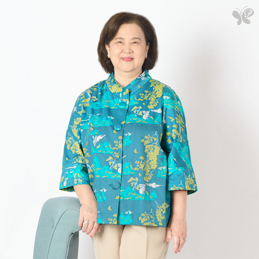 เสื้อผู้สูงอายุ Miki Oversized Top - Legend of the Moon - Cotton100% ทรงหลวม ลายกระต่าย กระดุมปั้มมือ (Elderly Friendly)