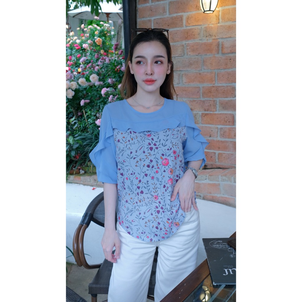 Chanan☘️ เสื้อชีฟอง คอกลม แต่งระบายช่วงอก ลายสวยมาก ใส่เที่ี่ยว ใส่ออกงาน เสื้อผู้ใหญ่ เสื้อสวยๆ มี3ลาย รุ่น 0525/0019