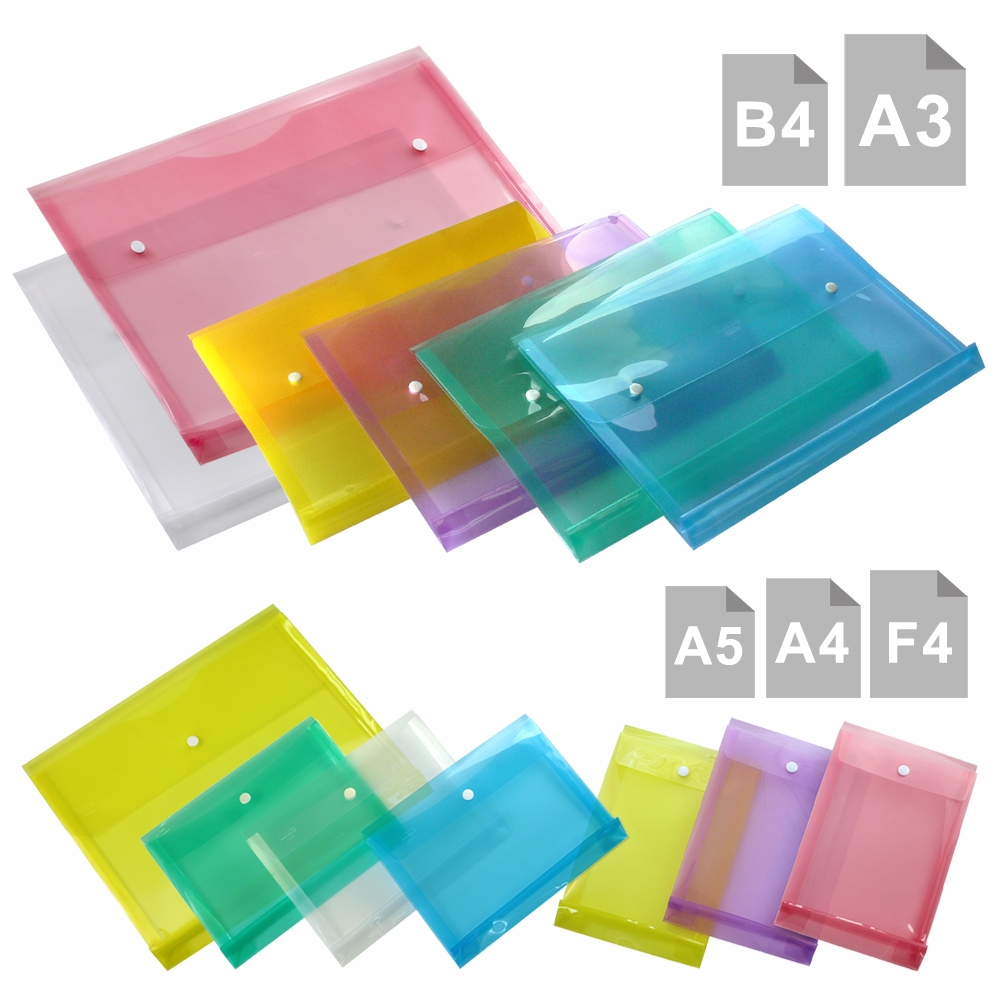 ซองกระดุม กระเป๋ากระดุมแนวนอน สีใส ขนาด A5 A4 F4 B4 A3 และ A5 แนวตั้ง ก้นขยายข้างได้ถึง 3 ซม.