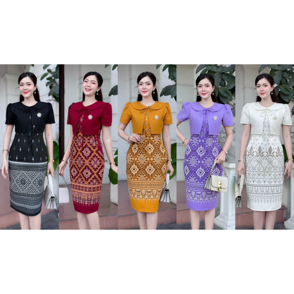 ชุดเดรสผ้าไทย ชุดใส่ออกงาน ใส่ทำงาน ผ้าฝ้ายอัดกาวแต่งกั๊กคอบัวมีสายผูกน่ารักๆมีกระเป๋า2ข้างใช้งานได้จริง