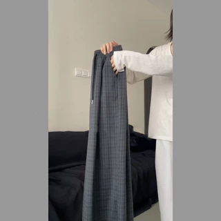 กางเกงลายสก๊อตสีดำวินเทจผู้หญิงฤดูร้อน 2026 เอวสูงใหม่รู้สึกถูพื้นเดินงอกางเกงตรงท่อน้ำแข็งกางเกงขากว้าง
