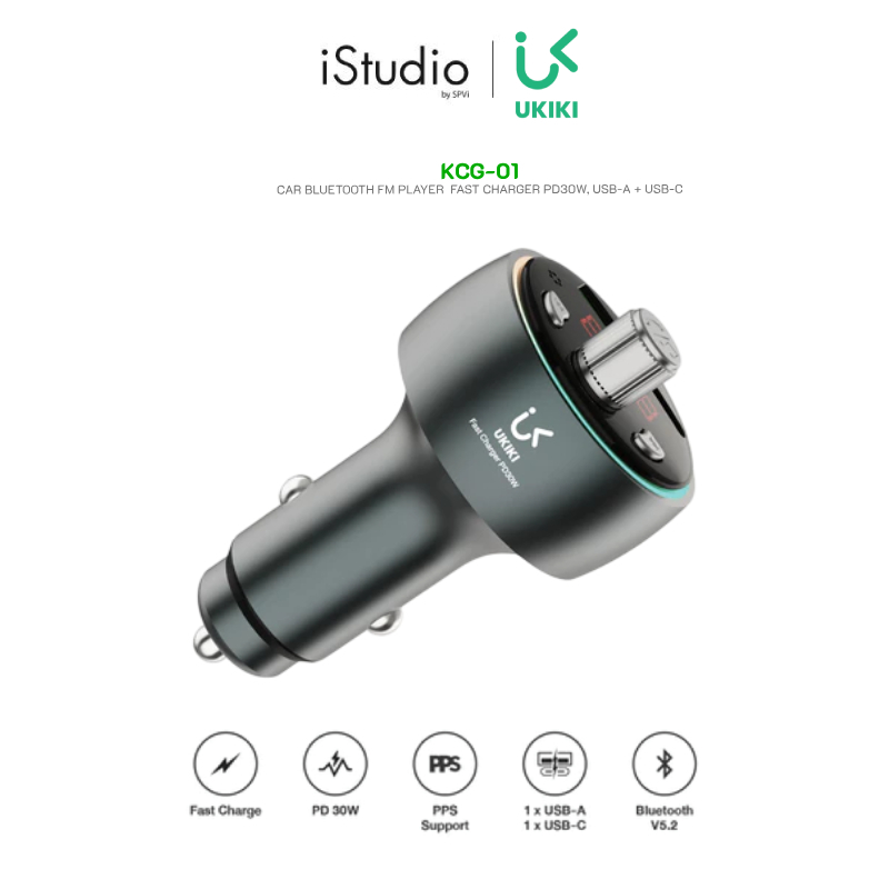 UKIKI KCG-01 Car Charger PD30W รองรับ FM / Bluetooth 5.4 หัวชาร์จในรถยนต์ 2in1