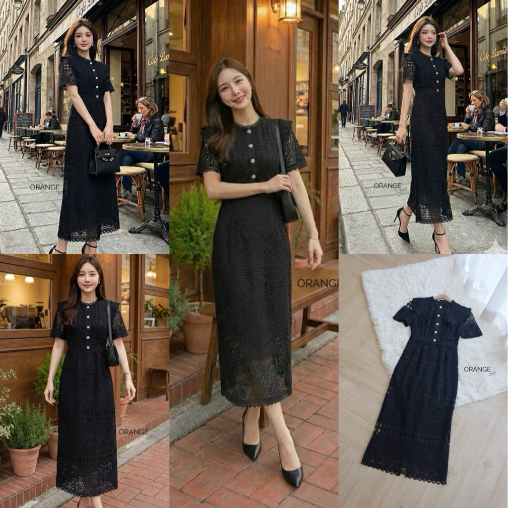 พร้อมส่ง S-4XL ป้าย Orange Juice เดรสลูกไม้สีดำ ทรงสอบ แต่งระบายไหล่ งานน่ารัก เรียบหรู