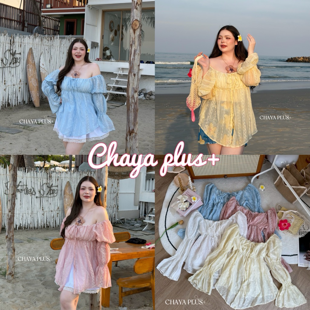 📍ส่งด่วน🛵(CP) เสื้อแขนยาวปาดไหล่แขนพอง เนื้อผ้าลายดอกไม้ เนื้อผ้าใช้งานง่าย ทะเล คาเฟ่ สาวอวบไซส์ใหญ่