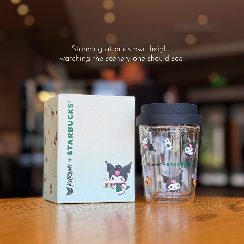 Starbucks Sanrio Kuromi ถ้วยแก้ว 10oz Double Wall ถ้วยกาแฟทนความร้อนพร้อมฝาปิด Limited Edition Collab, Kawaii Gothic สไต