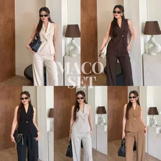 Maco Set : ชุดเซ็ทขายาวเสื้อแขนกุด เสื้อแขนกุดคอปกทรงสูท ชุดเว็ทขายาวสีพื้น เรียบหรู ทำงาน BETTY (B055)