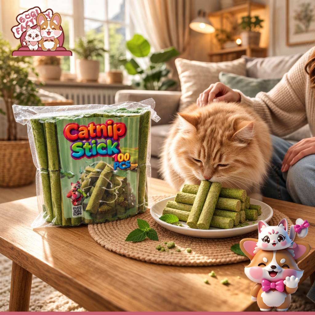 Boqi Factory  ขนมหญ้าแมว ผลิตจากต้นอ่อนข้าวสาลี ช่วยขัดฟัน 1 ถุง บรรจุ 100 ชิ้น Catnip Sticks 100pcs