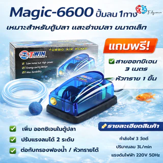 ปั้มลม ปั้มออกซิเจน 1 ทาง Magic 6600 สำหรับเลี้ยงกุ้งปลา คุณภาพดี แข็งแรงทนทาน (แถมสายอ๊อก 3m หัวทราย 1หัว)