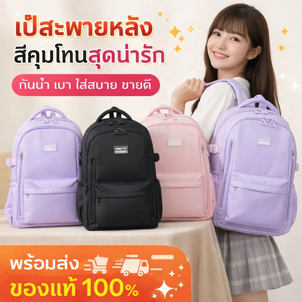 [SJ1017] กระเป๋าเป้สะพายหลัง ผู้หญิง น่ารัก สีพาสเทล น่ารัก ช่องเยอะ ใส่โน๊ตบุ๊ค น้ำหนักเบา พร้อมส่งจากไทย