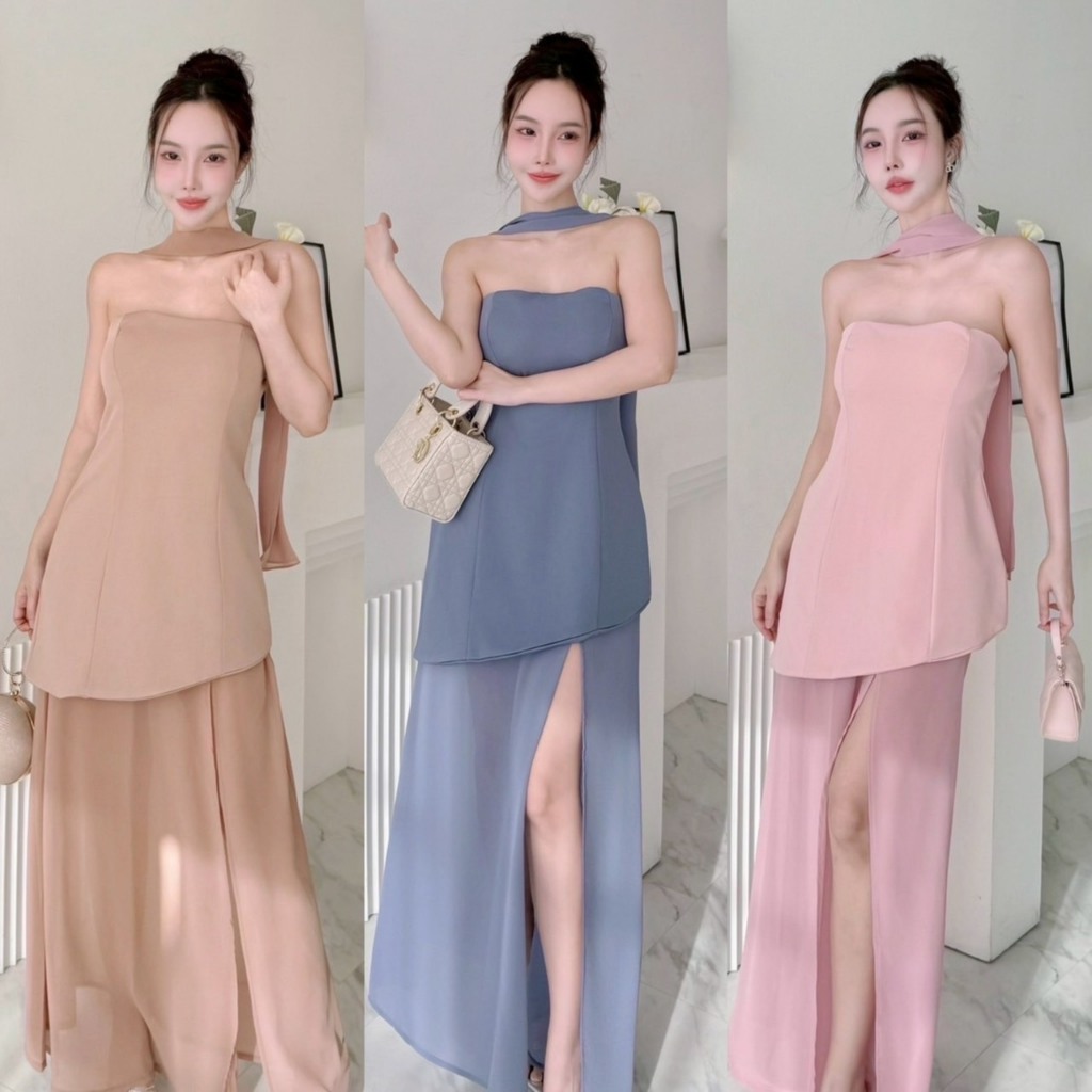 A1010 - ชุดออกงาน รุ่น3ชิ้น ชุดไปงาน เซ็ตเสื้อเกาะอก+กระโปรง+ผ้าพันคอ