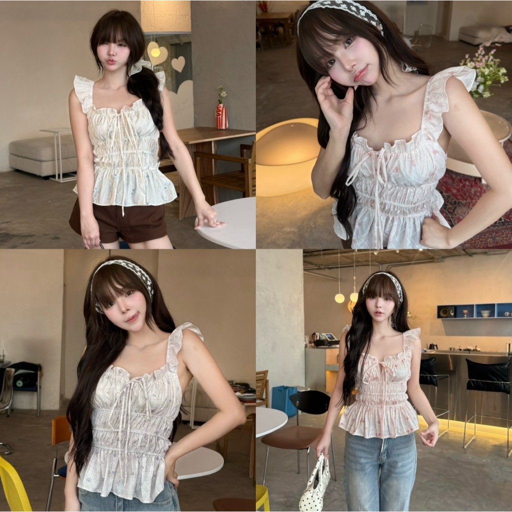 เสื้อกล้าม/เสื้อสายเดี่ยวแต่งระบาย ลายดอกไม้น่ารัก เสื้อสายเดี่ยวแต่งโบว์ที่อก จั๊มช่วงอก/ตัว ลายผ้าน่ารัก NUSA (N015)