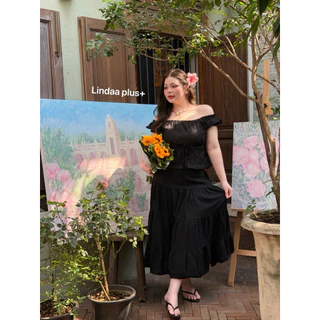 LindaaPlus-- ชุดเซ็ตเสื้อ+กระโปรงยาวผ้าลินินสาวอวบ ᯓᰔ 🌷งานผ้าฝ้ายลินินกระโปรงมีซับใน ไม่บาง แต่งลูกไม้เพิ่มความหวาน