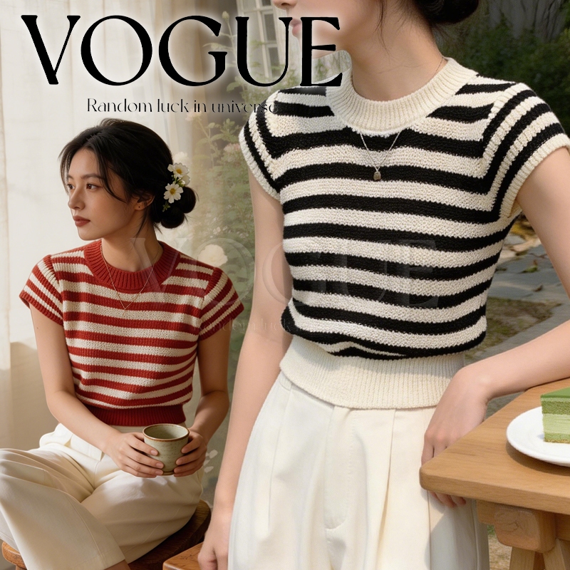 Vogue🌟พร้อมส่ง🌟 เสื้อแขนสั้นผู้หญิง ดีไซน์ลายทาง ทรงสลิมสั้น ผ้าถัก สไตล์เกาหลี (63045) -N
