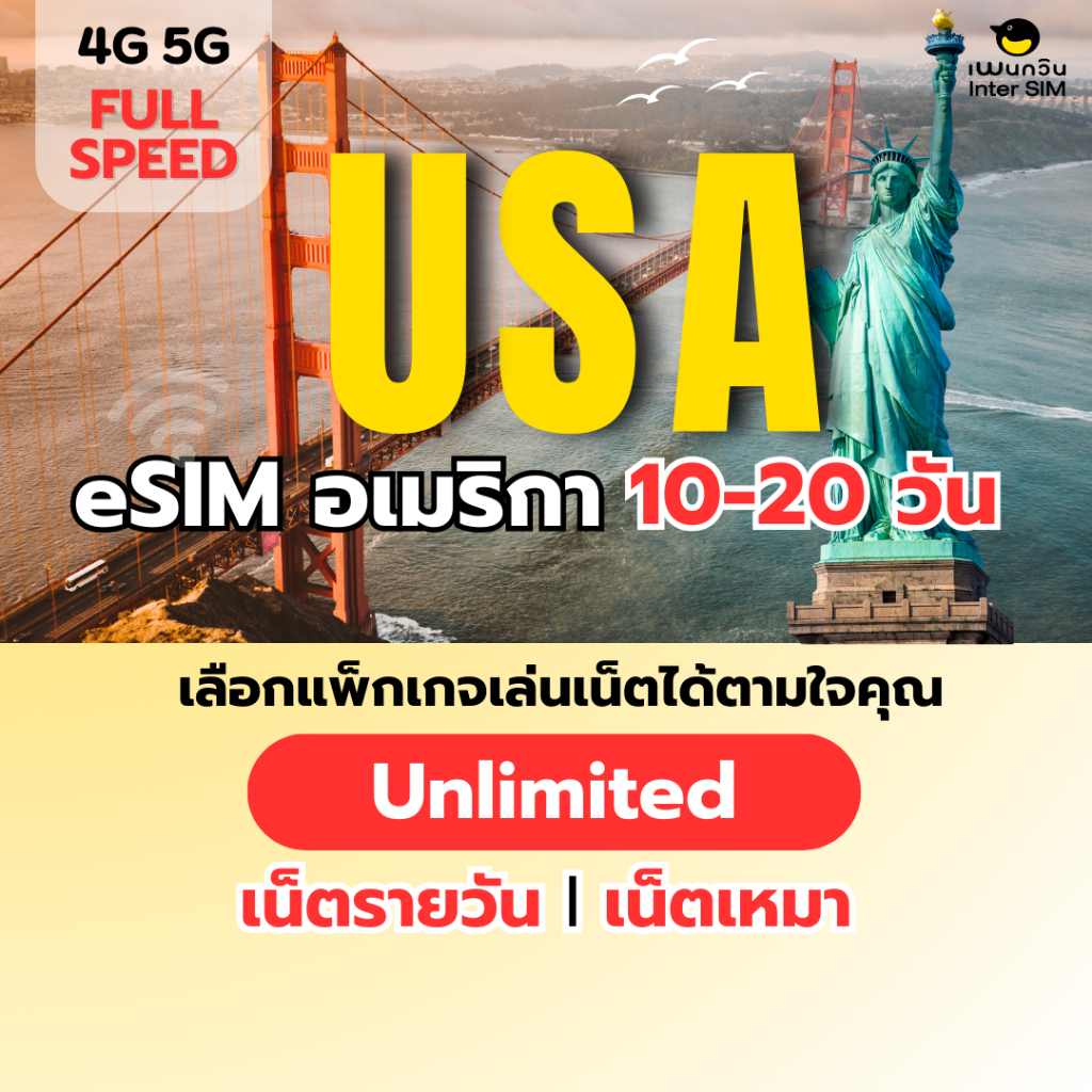 (ทักแชท ก่อนสั่งซื้อ) eSIM USA 5G/4G อีซิม อเมริกา เน็ตไม่จำกัด เน็ตรายวัน เน็ตเหมา เลือกได้ 10-20 วัน