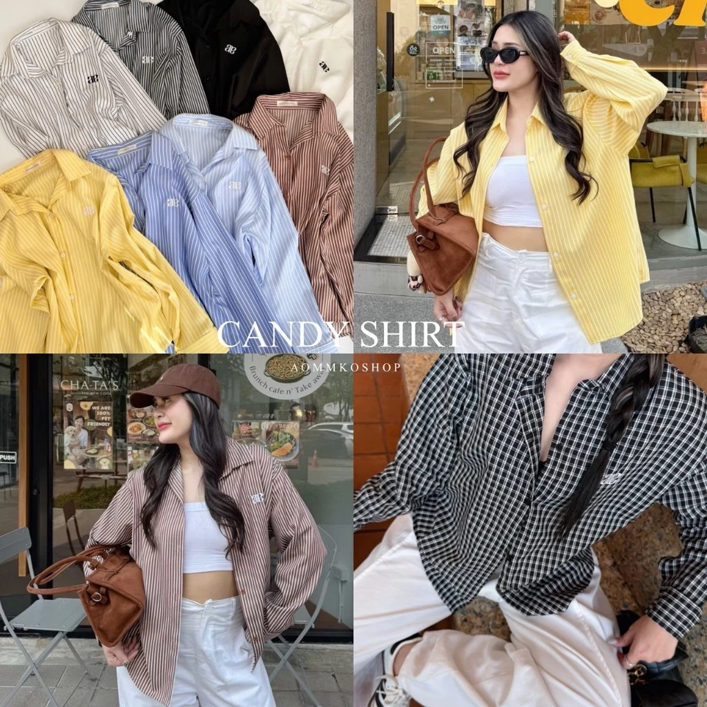 Candy Shirt เสื้อเชิ้ตงานปัก (ผ้าคอตตอนเชิ้ต) ลายริ้ว เสื้อเชิ้ตทรง Oversize สาวอวบใส่ได้ AOMMKOSHOP - S68 Women