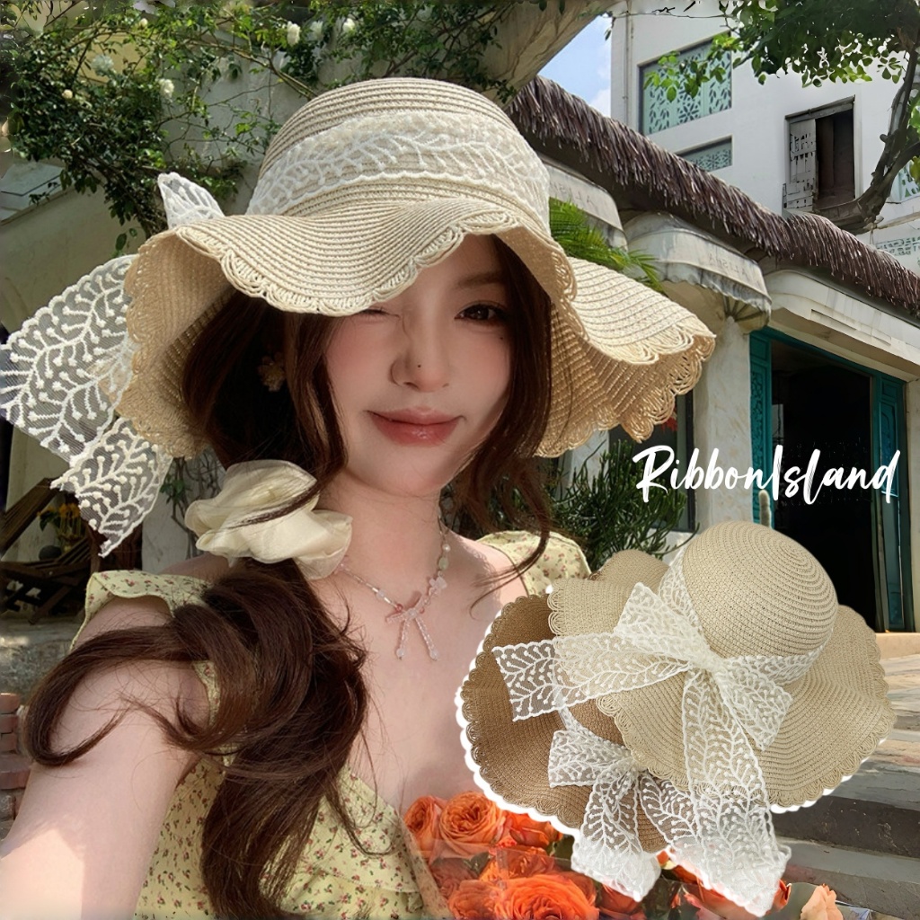 🏝️COD🏝️หมวกชายหาด หมวกฟางผู้หญิง ด้วยดีไซน์ลูกไม้ ฤดูร้อน ปีกหมวกกว้าง แฟชั่น กันแดด ﻿หมวกกันยูวี
