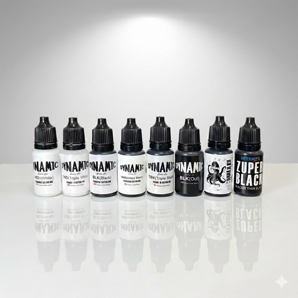 หมึกสักแท้ 10 ml Dynamic / Intenze / Harajuku สีดำ-สีขาว สำหรับงานเส้นและงานถม (แบ่งขาย)