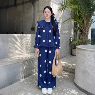 Set 3 ชิ้น เสื้อลายจุดปกเสื้อใหญ่ + กางเกงขายาว กับสายผูก TT22624
